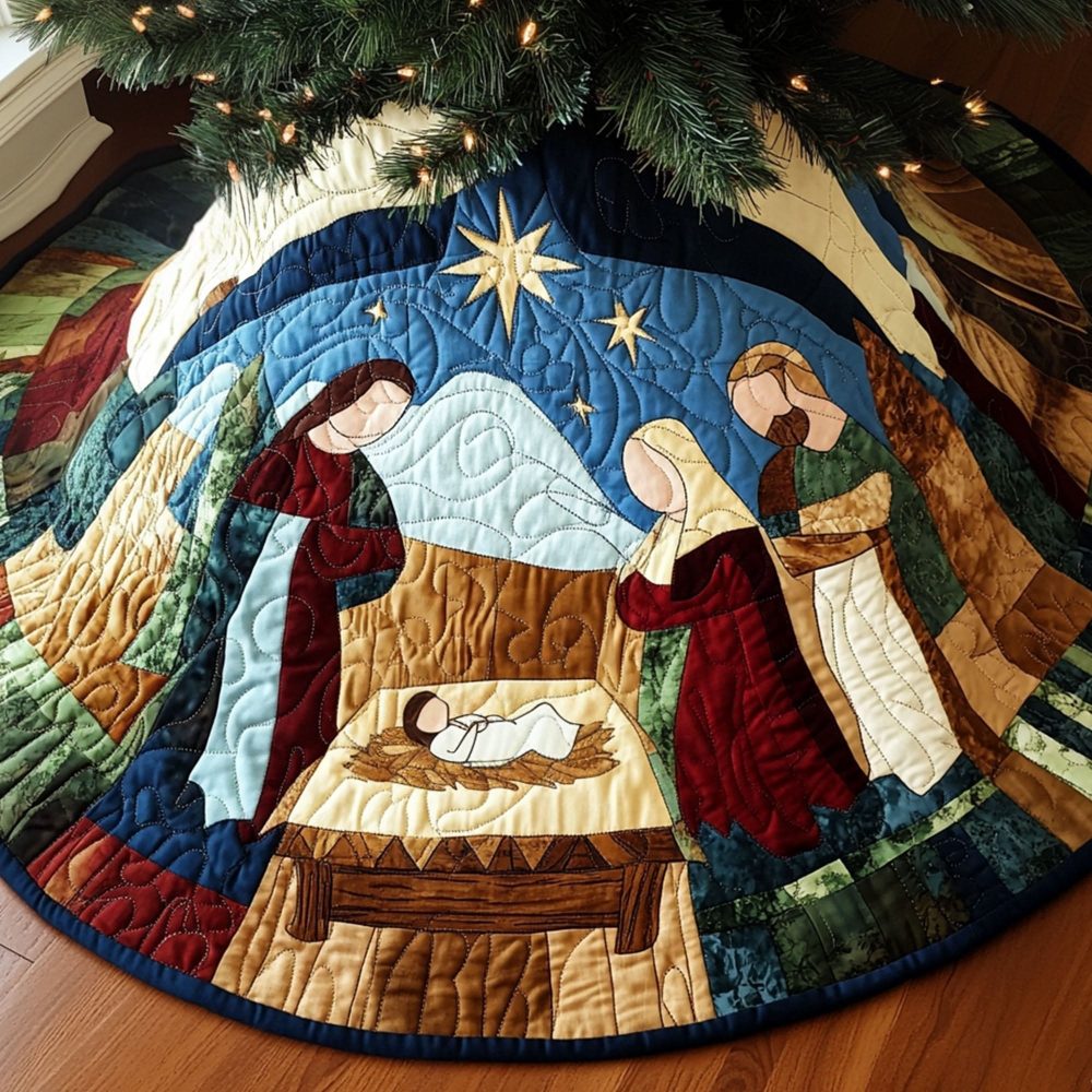 Nativity Silhouette Under The Star Tree Skirt — Reverent Holy Night Christmas Skirt, Handmade Religious Holiday Decor & Gift-Ready