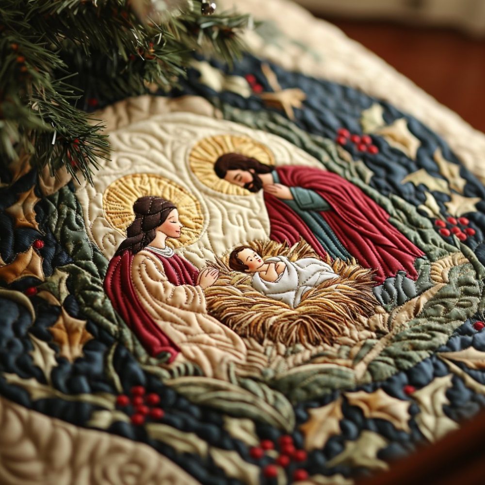 Holy Family Holly Wreath Tree Skirt — Handcrafted Nativity Holiday Collar, Sacred Christmas Décor Made To Order & Gift-Ready