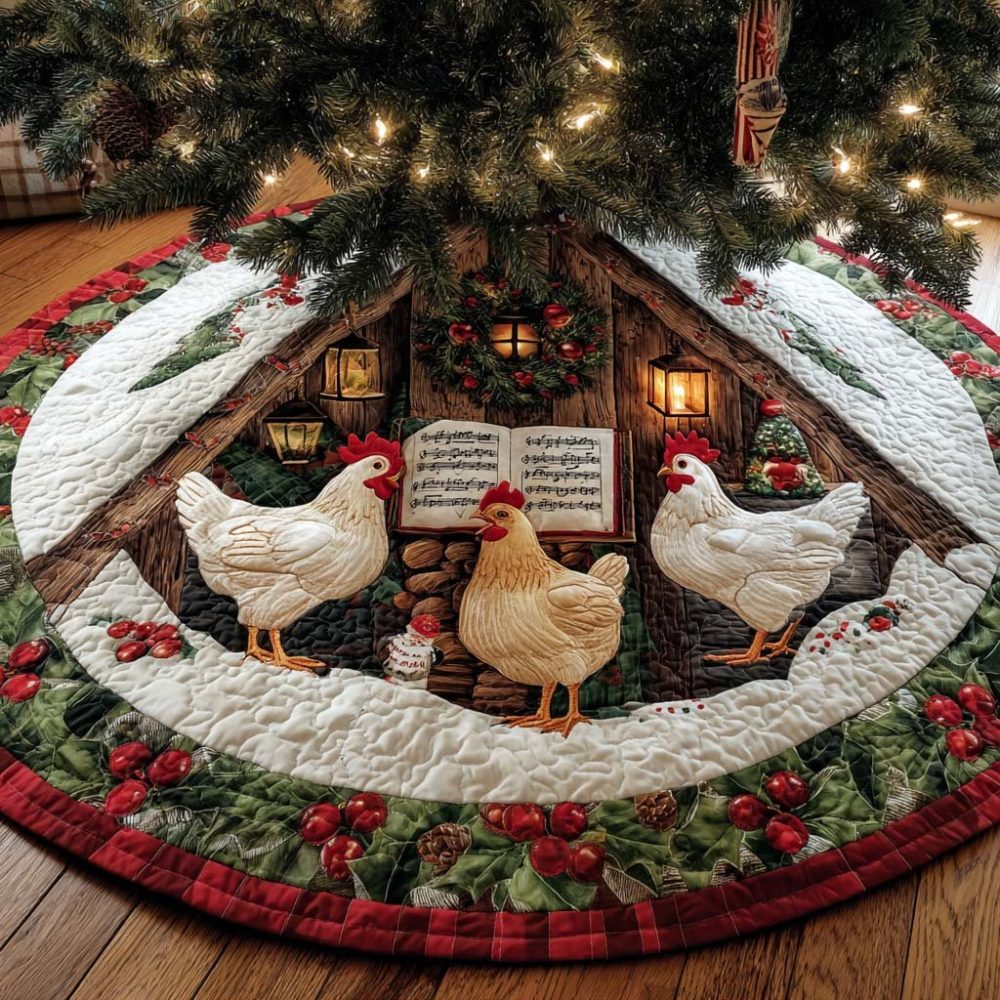 Quirky Hen House Christmas Tree Skirt — Farmyard-Themed Handmade Tree Skirt, Custom-Made With Charming Poultry Motifs, Made-To-Order