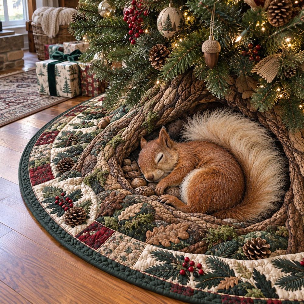 Hidden Forest Treasures Christmas Tree Skirt — Custom Hand-Stitched Woodland Scene, Premium Felt, Perfect For Rustic Homes