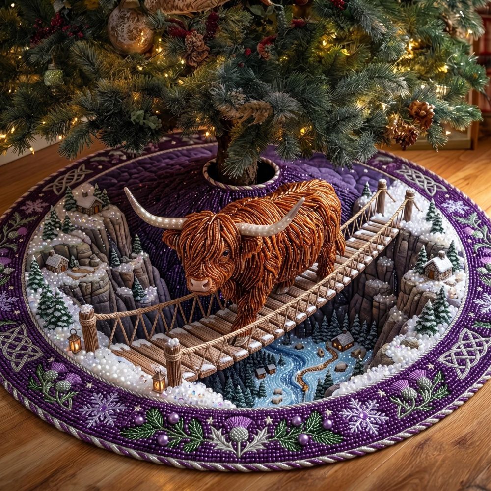 Highland Bridge Holiday Tree Skirt — Made-To-Order Scenic Bridge & Countryside Christmas Skirt For Cozy Seasonal Displays