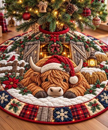 Handmade Highland Barn Christmas Tree Skirt — Custom Rustic Farmhouse Holiday Tree Mat, Cozy Decor