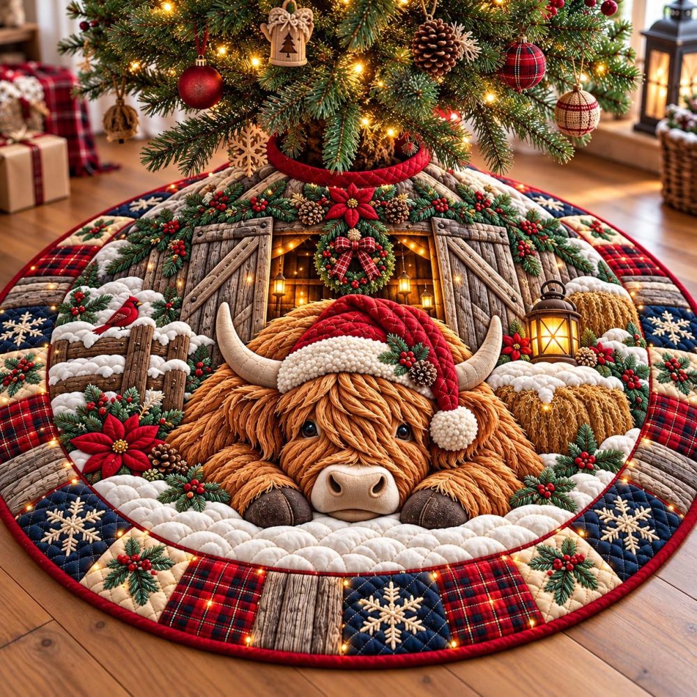 Handmade Highland Barn Christmas Tree Skirt — Custom Rustic Farmhouse Holiday Tree Mat, Cozy Decor