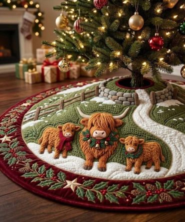 Handcrafted Green Pasture Cow Trio Christmas Tree Skirt — Custom Holiday Farmhouse Tree Decor, Soft Cotton