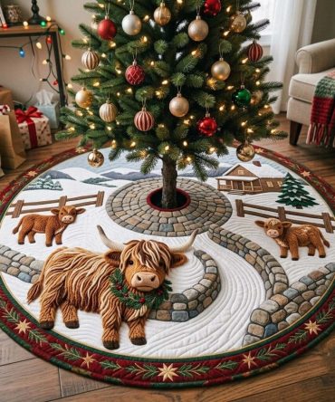 Snowy Stone Path Cow Christmas Tree Skirt - Handcrafted Winter Cow Scene Tree Base, Made-To-Order Rustic Holiday Decor