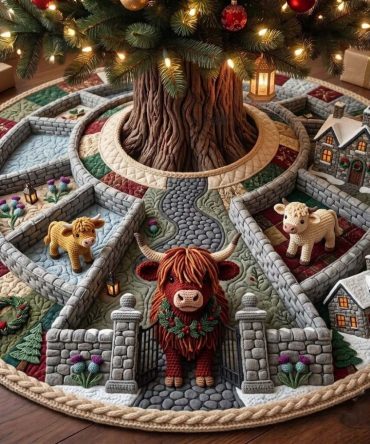 Stone Gate Cottage Cow Christmas Tree Skirt - Handcrafted Cottage Cow Scene Tree Base, Made-To-Order Rustic Decor
