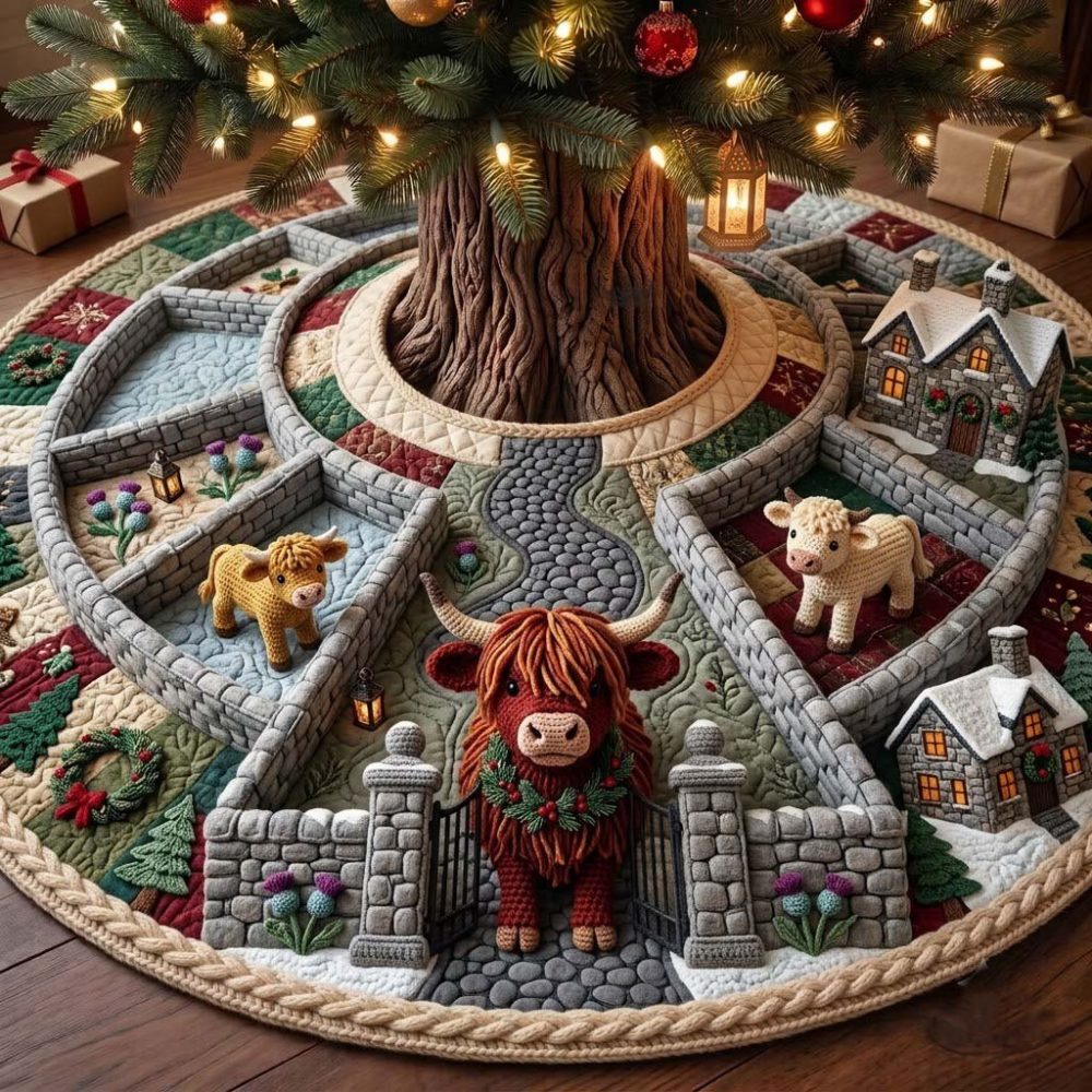 Stone Gate Cottage Cow Christmas Tree Skirt - Handcrafted Cottage Cow Scene Tree Base, Made-To-Order Rustic Decor