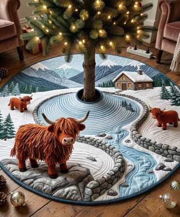 Frozen River Mountain Cow Christmas Tree Skirt - Handcrafted Alpine Cow Scene Tree Base, Made-To-Order Holiday Accent
