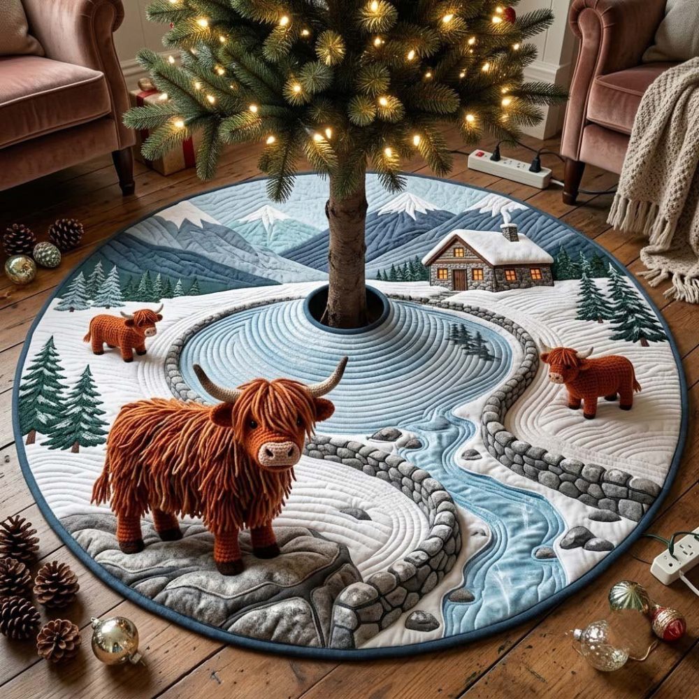 Frozen River Mountain Cow Christmas Tree Skirt - Handcrafted Alpine Cow Scene Tree Base, Made-To-Order Holiday Accent