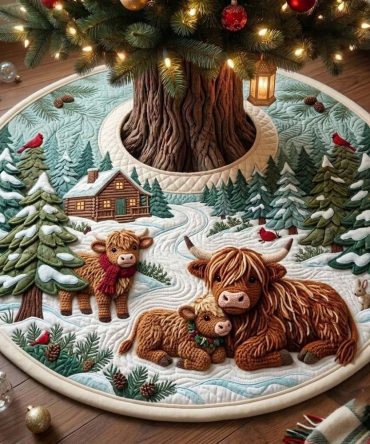 Cardinal Cabin Resting Cow Christmas Tree Skirt - Handmade Cozy Cabin Cow Scene Tree Base, Custom Holiday Gift