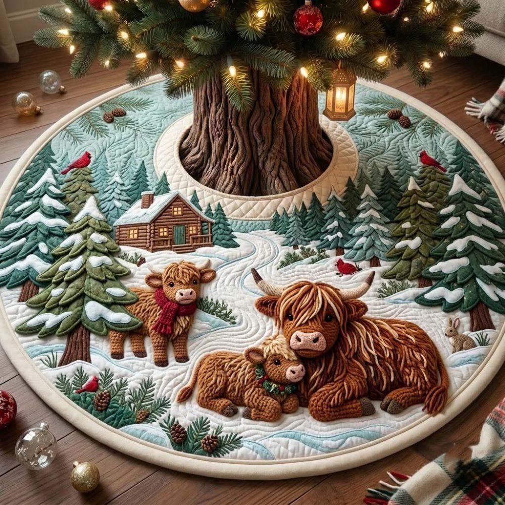 Cardinal Cabin Resting Cow Christmas Tree Skirt - Handmade Cozy Cabin Cow Scene Tree Base, Custom Holiday Gift