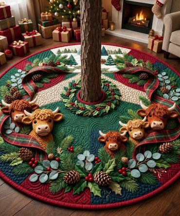 Ribbon Wreath Cow Cluster Christmas Tree Skirt - Handmade Festive Cow Wreath Tree Base, Custom-Made Holiday Accent