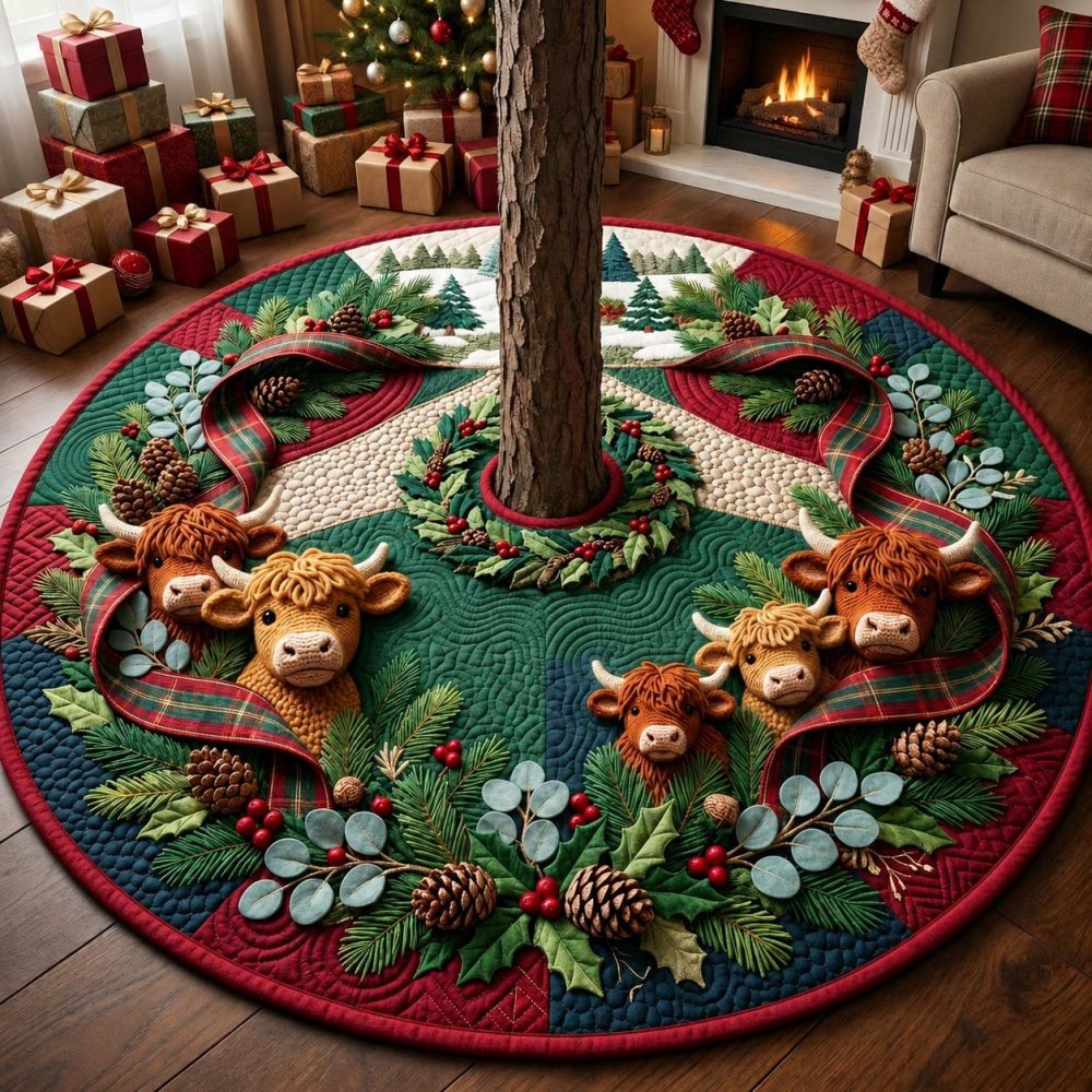 Ribbon Wreath Cow Cluster Christmas Tree Skirt - Handmade Festive Cow Wreath Tree Base, Custom-Made Holiday Accent