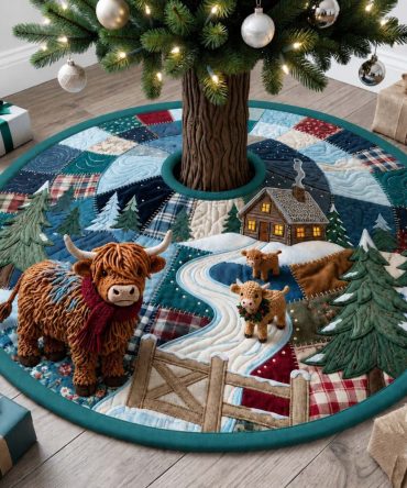 Teal Patchwork Fence Cow Christmas Tree Skirt - Handmade Rustic Cow Scene Tree Base, Custom-Made Holiday Decor