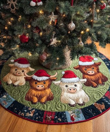 Modern Highland Cow Circle Tree Skirt — Sleek Round Holiday Tree Base, Custom-Made With Highland Cow Art And High-Quality Fabric