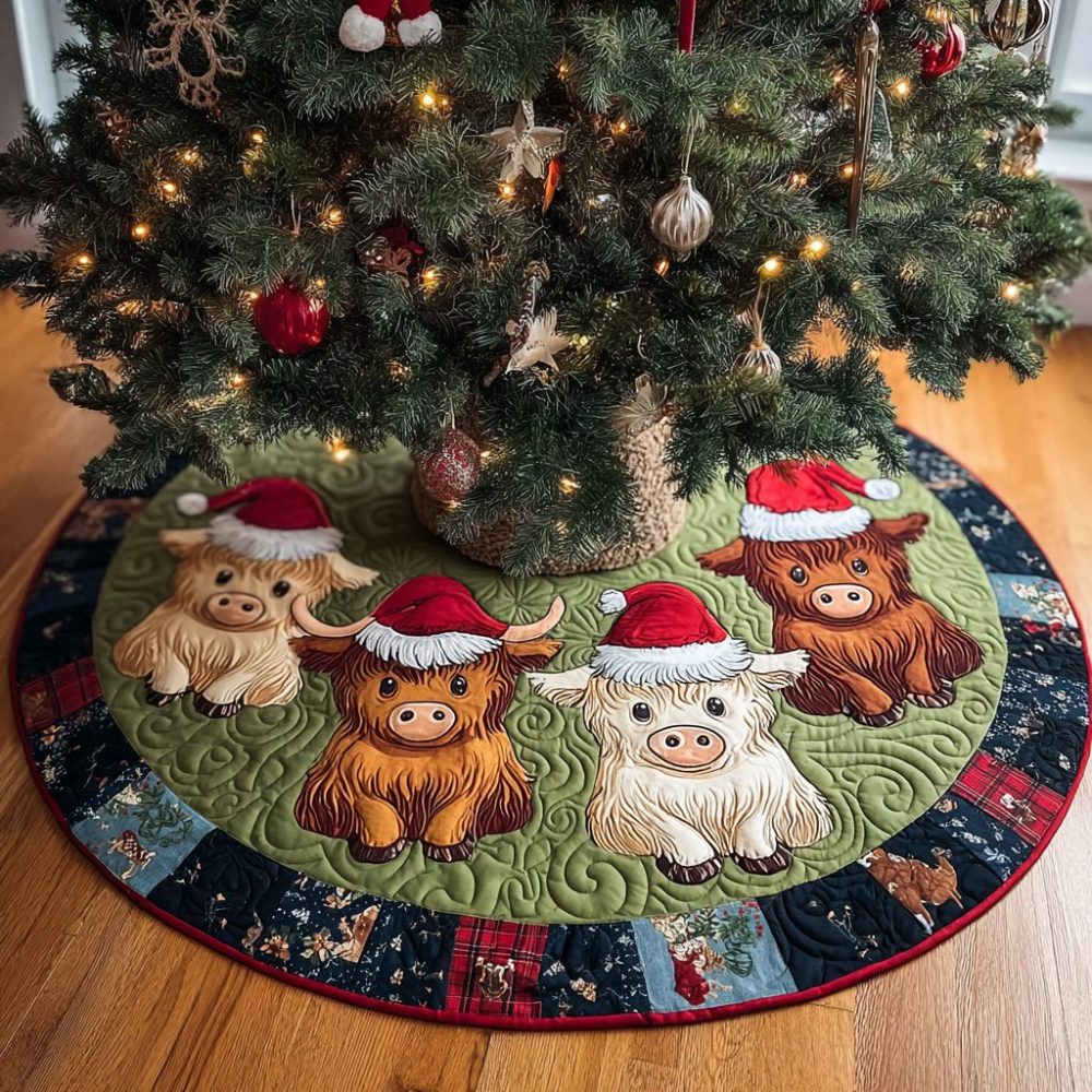 Modern Highland Cow Circle Tree Skirt — Sleek Round Holiday Tree Base, Custom-Made With Highland Cow Art And High-Quality Fabric