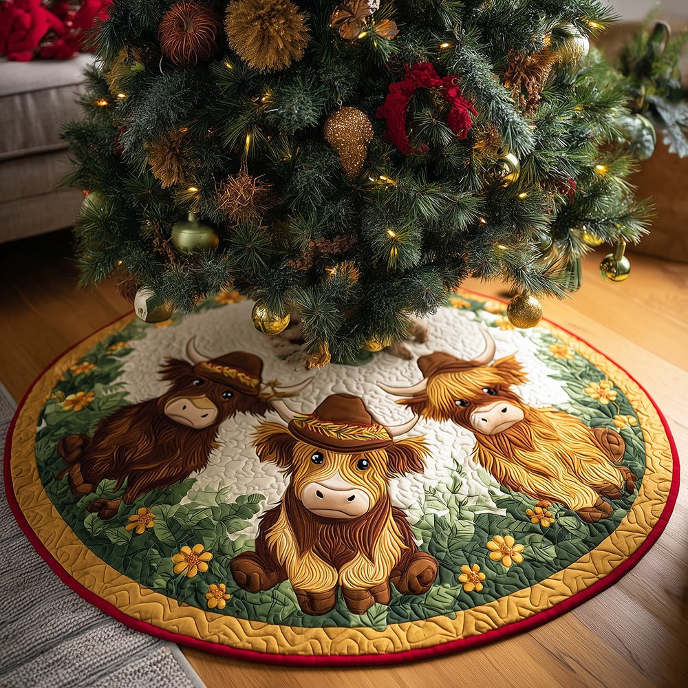 Playful Highland Cow Delight Tree Skirt — Custom Holiday Tree Skirt With Cute Cow Illustration, Handmade & Personalized, Made-To-Order