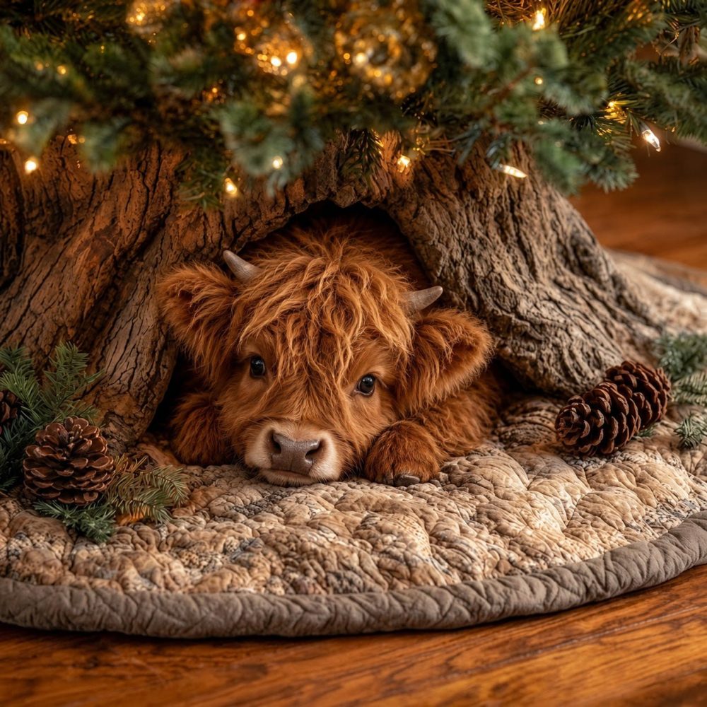 Highland Cow Den Holiday Tree Skirt — Charming Made-To-Order Christmas Skirt With Farm Animal Motifs And Soft Plush Fabric