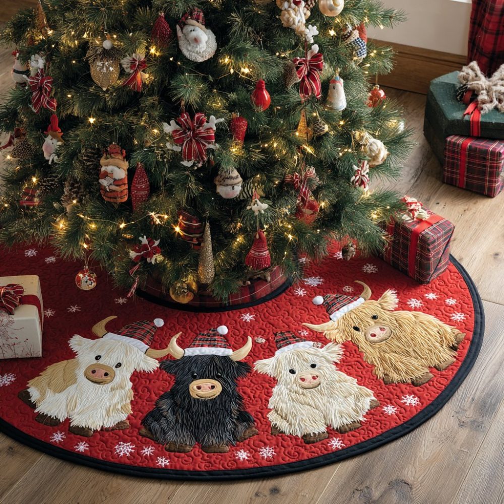 Woodland Highland Cow Christmas Tree Skirt — Custom Forest-Themed Tree Skirt, Handmade Holiday Accent With Natural Colors, Made-To-Order