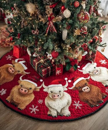 Festive Highland Cows In Santa Hats Christmas Tree Skirt - Made-To-Order Red Holiday Decor For Farm & Animal Lovers