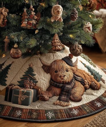 Highland Calf & Teddy Bear Christmas Tree Skirt — Charming Country Nursery Holiday Skirt, Handmade Custom Sizes & Gift-Ready