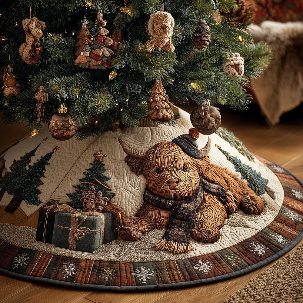Highland Calf & Teddy Bear Christmas Tree Skirt — Charming Country Nursery Holiday Skirt, Handmade Custom Sizes & Gift-Ready
