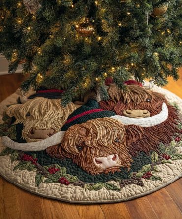 Highland Cow Lane Christmas Tree Skirt - Country Farmhouse Cow Holiday Skirt, Tartan Border, Personalized, Premium Plush, Made-To-Order