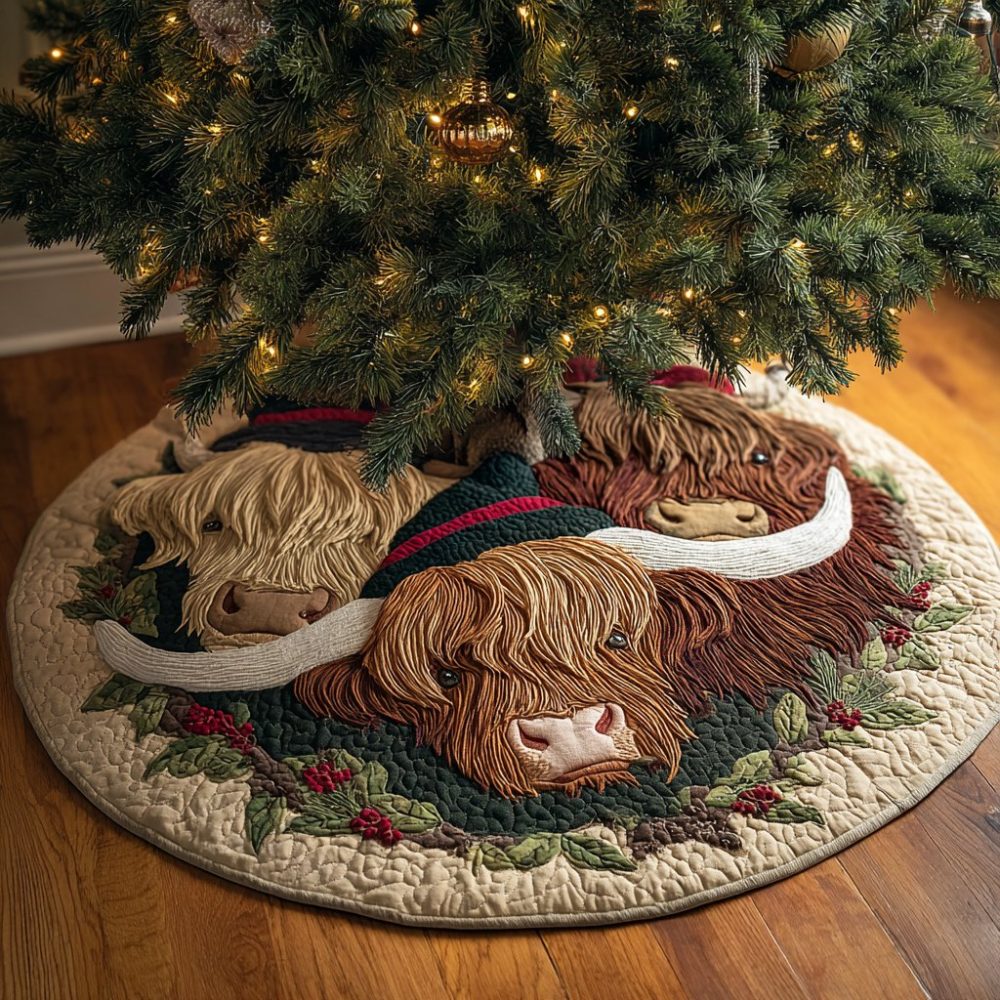Highland Cow Lane Christmas Tree Skirt - Country Farmhouse Cow Holiday Skirt, Tartan Border, Personalized, Premium Plush, Made-To-Order