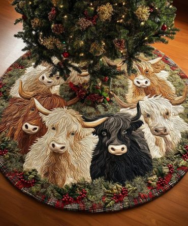 Highland Cow Lights Christmas Tree Skirt - Rustic Cow Holiday Skirt With String Lights Motif, Custom Plaid, Personalized & Made-To-Order