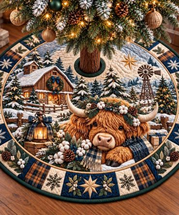 Highland Farmhouse Noel Christmas Tree Skirt — Made-To-Order Farmhouse Holiday Skirt With Classic Noel Text & Cozy Textiles