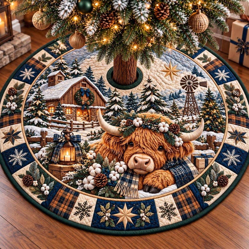 Highland Farmhouse Noel Christmas Tree Skirt — Made-To-Order Farmhouse Holiday Skirt With Classic Noel Text & Cozy Textiles