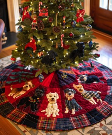 Highland Scottie Holidays Tree Skirt - Festive Scottish Terrier Christmas Skirt With Plaid Trim, Personalized, Made-To-Order