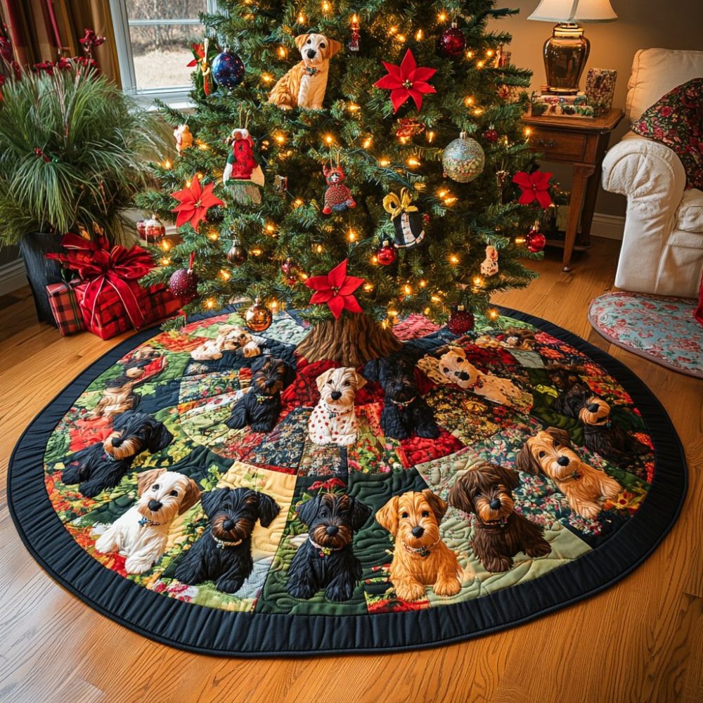 Highland Scottie Noel Christmas Tree Skirt - Scottish Terrier Holiday Skirt, Tartan Accents, Custom Embroidery, Made-To-Order