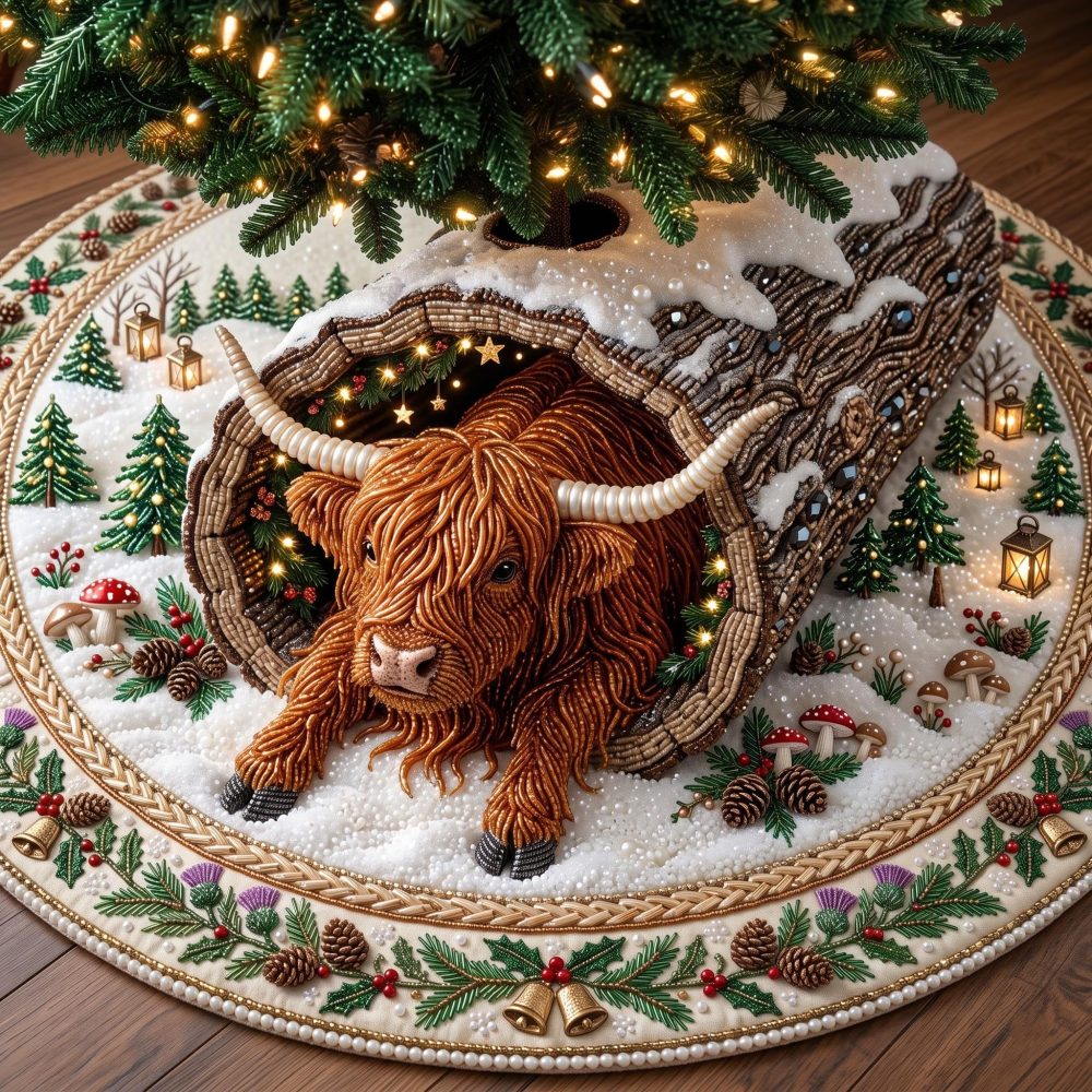 Highland Snowfield Tree Skirt — Made-To-Order Snowy Field Design Christmas Skirt For Elegant Winter Holiday Decor