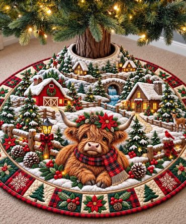 Highland Snowy Village Christmas Tree Skirt — Handcrafted Made-To-Order Skirt With Cozy Highland Winter Scene & Plush Backing