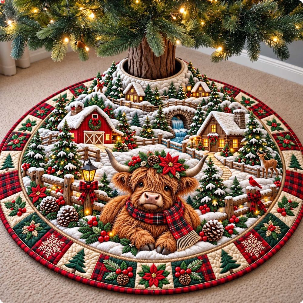 Highland Snowy Village Christmas Tree Skirt — Handcrafted Made-To-Order Skirt With Cozy Highland Winter Scene & Plush Backing