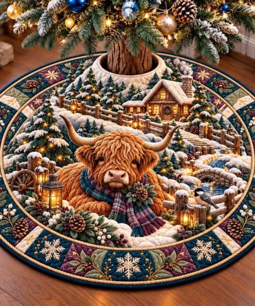 Highland Winter Cottage Holiday Tree Skirt — Custom Made-To-Order Cottage Scene Skirt, Soft Fabrics & Rustic Charm