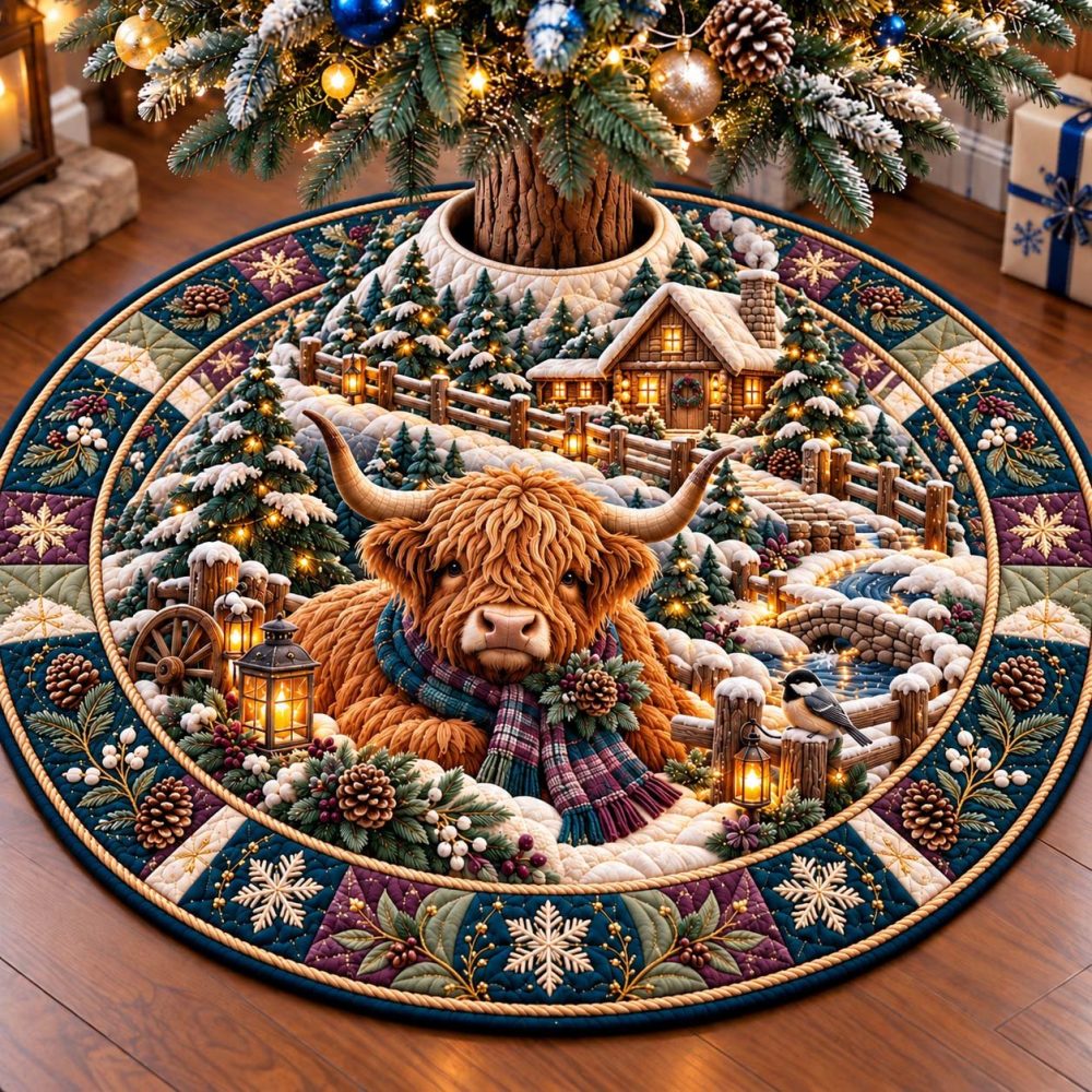 Highland Winter Cottage Holiday Tree Skirt — Custom Made-To-Order Cottage Scene Skirt, Soft Fabrics & Rustic Charm