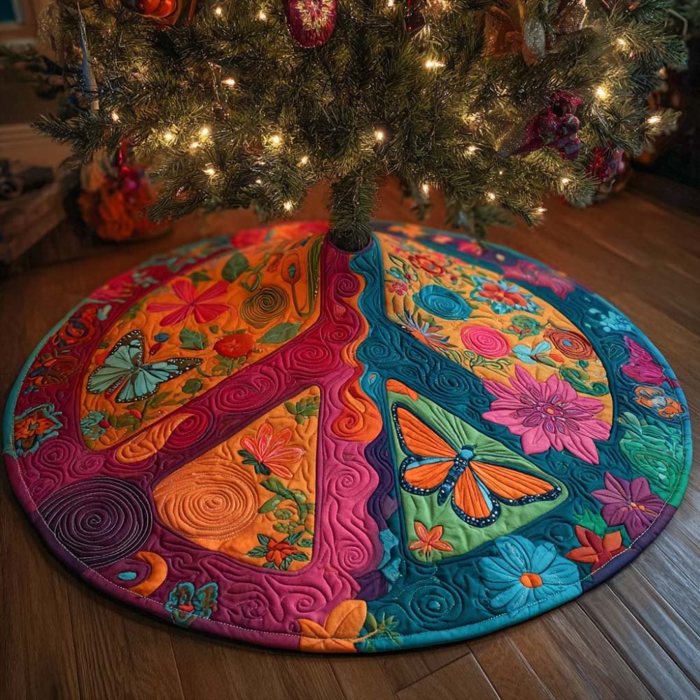 Boho Garden Harmony Christmas Tree Skirt — Handmade Floral Hippie Holiday Skirt, Soft Cotton, Custom Sizes, Made-To-Order