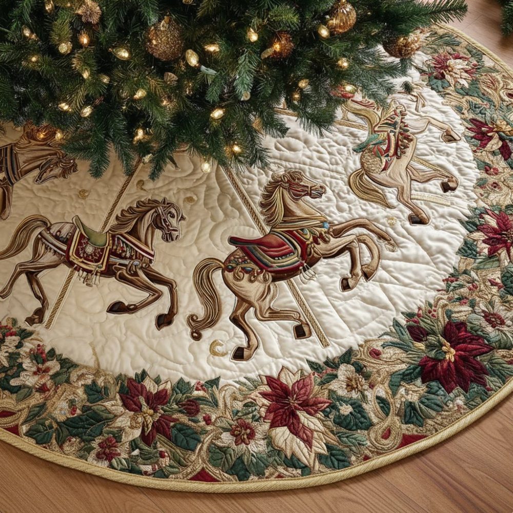 Vintage Carousel Horse Christmas Tree Skirt - Custom Holiday Tree Skirt With Horse Motif, Plush Personalized Made-To-Order