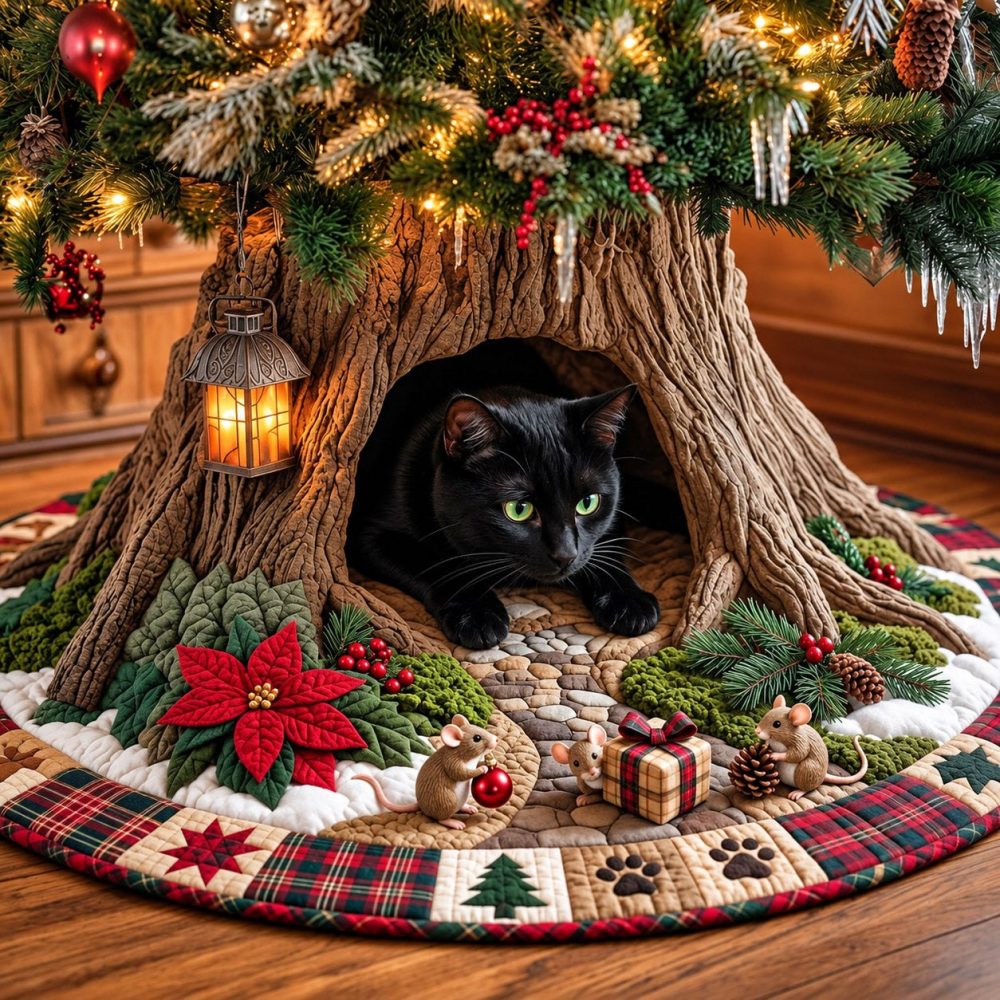 Holiday Cat Den Tree Skirt - Festive Pet Haven, Machine-Washable Fabric, Custom Orders Available, Perfect For Cat Lovers