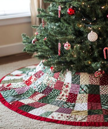 Patchwork Christmas Quilt Tree Skirt — Festive Patch Squares Holiday Skirt, Handmade Quilted Tree Collar, Custom Sizes & Gift-Ready