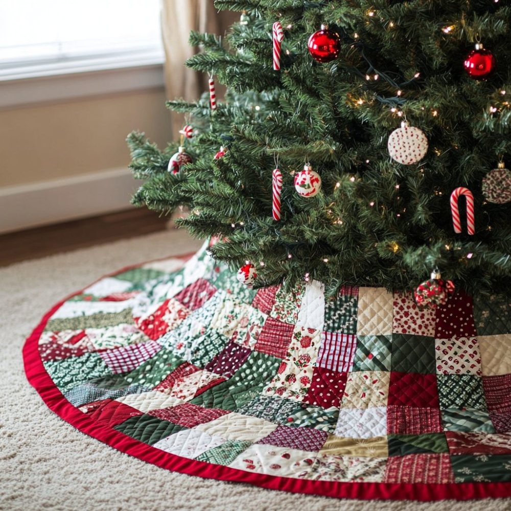 Patchwork Christmas Quilt Tree Skirt — Festive Patch Squares Holiday Skirt, Handmade Quilted Tree Collar, Custom Sizes & Gift-Ready