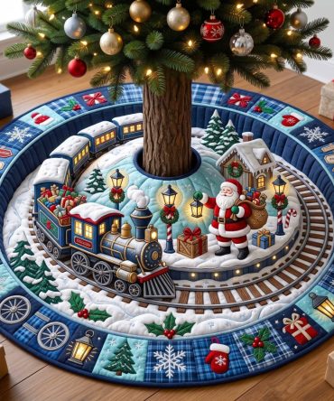 Blue Santa Train Village Christmas Tree Skirt - Handmade Festive Cottage Scene Skirt, Custom Fit, Holiday Home Accent Gift