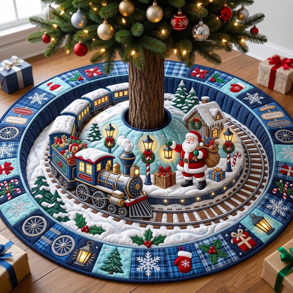 Blue Santa Train Village Christmas Tree Skirt - Handmade Festive Cottage Scene Skirt, Custom Fit, Holiday Home Accent Gift
