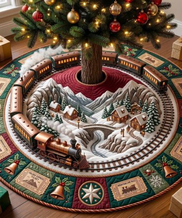Green Mountain Train Holiday Tree Skirt - Handmade Festive Base Mat, Durable Cotton, Custom Size, Perfect Christmas Decor Gift