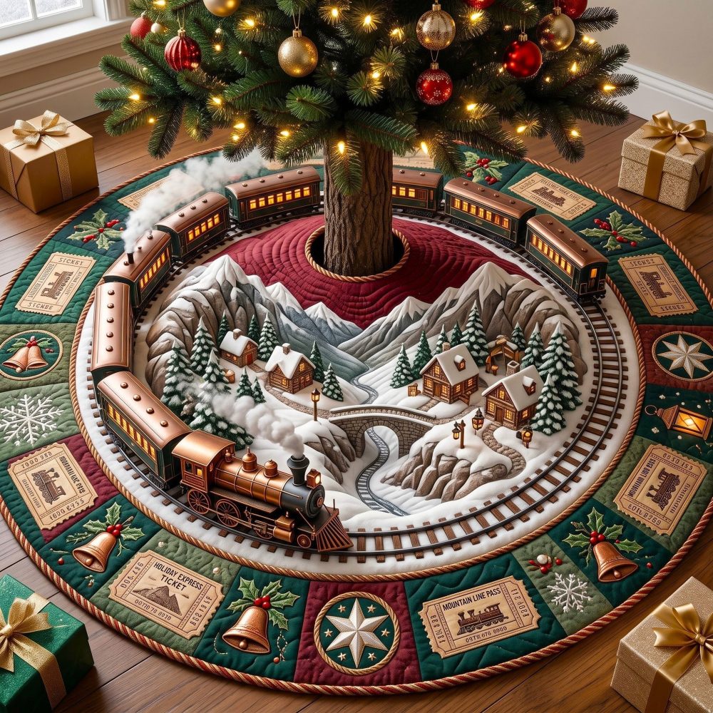 Green Mountain Train Holiday Tree Skirt - Handmade Festive Base Mat, Durable Cotton, Custom Size, Perfect Christmas Decor Gift