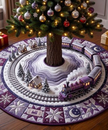 Lavender Moon Train Express Tree Skirt — Custom Handmade Pastel Train Scene Christmas Tree Base Cover, Whimsical Holiday Décor