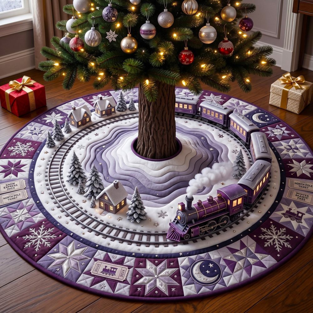 Lavender Moon Train Express Tree Skirt — Custom Handmade Pastel Train Scene Christmas Tree Base Cover, Whimsical Holiday Décor