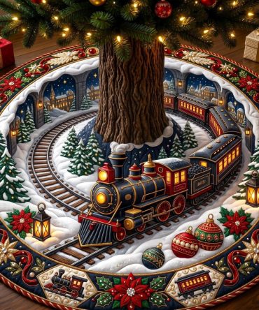 Handmade Red Locomotive Snow Train Christmas Tree Skirt - Festive Holiday Floor Cover, Personalized Gift